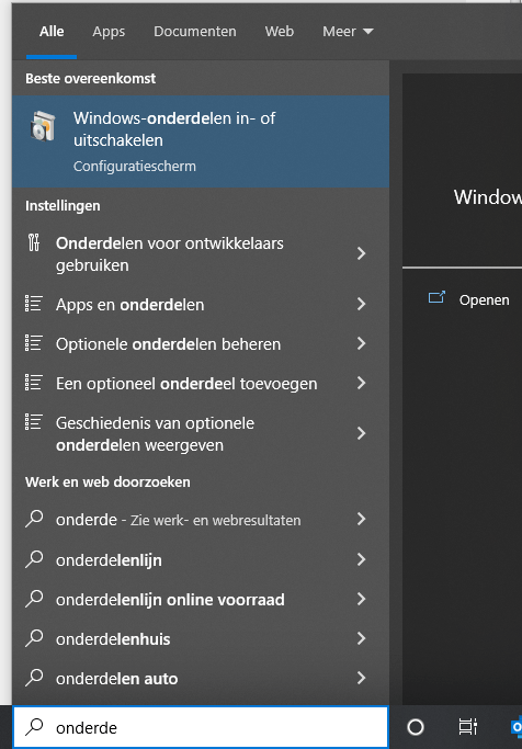 Windows-zoekvenster met 'Windows-onderdelen in- of uitschakelen' als beste overeenkomst