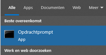 Windows-zoekvenster met de Opdrachtprompt als beste overeenkomst