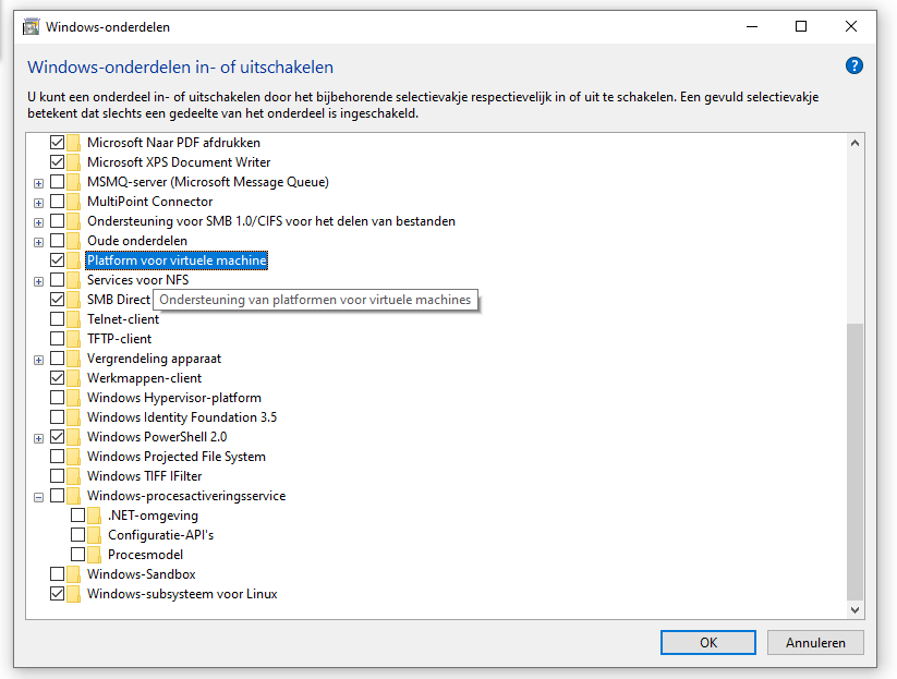 Venster 'Windows-onderdelen in- of uitschakelen' met Platform voor virtuele machine en Windows-subsysteem voor Linux aangevinkt