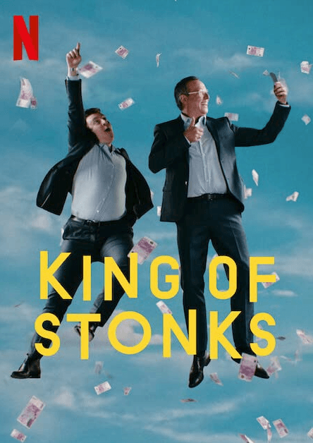 Netflix-poster van King of Stonks: twee mannen in pak springen omhoog tussen dwarrelende bankbiljetten